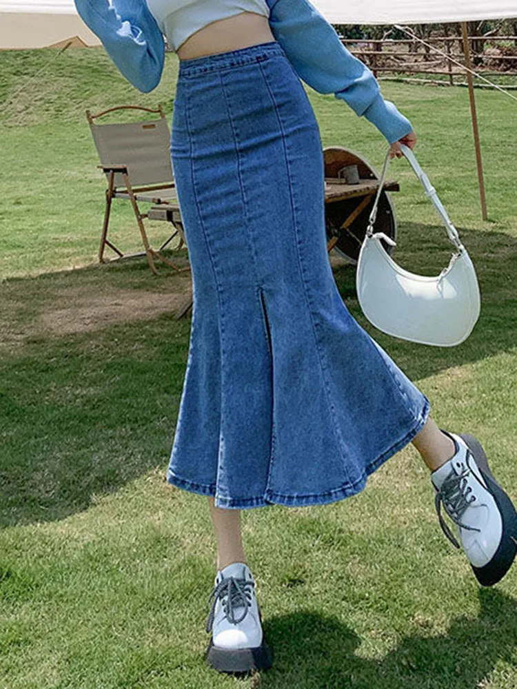 Flounce High Waist Skinny Denim Skirt Women Korean Stretch