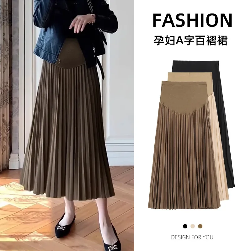 Pregnant Women Skirt Autumn Winter Fashion Pleated A Line Maternity Long Skirts Warm Loose Belly Clothes