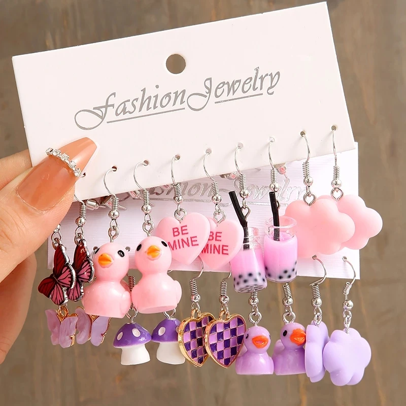 Duck Dangle Earring Set Cute Cartoon Butterfly Heart Mushroom Animal Drop Earrings For Woman Girl Kids Jewelry Gifts 10Pcs/Set drop earrings,dangle earrings,animal earrings,butterfly earrings