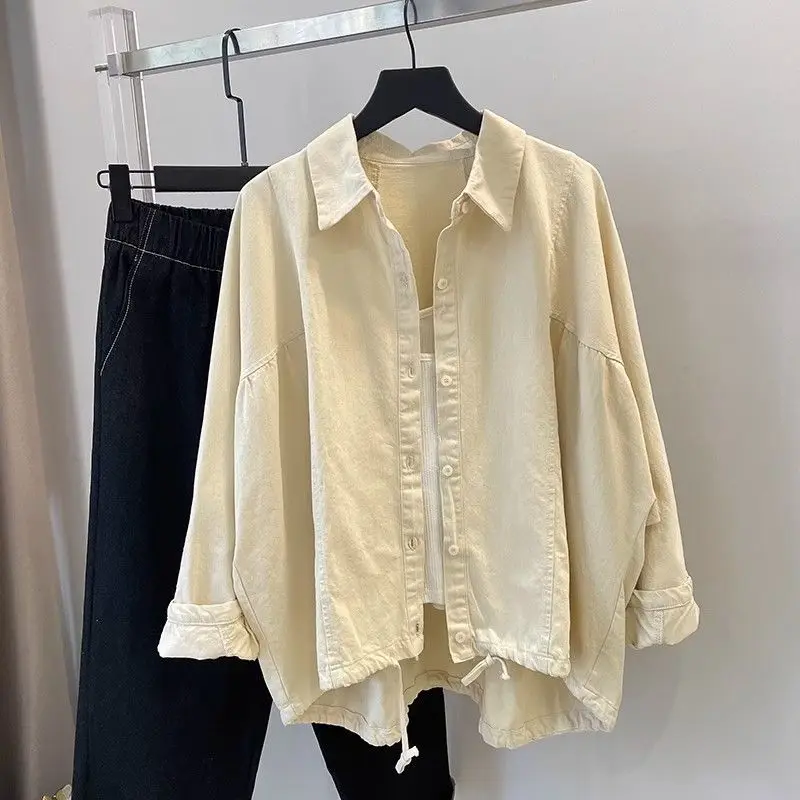 Spring Autumn New Solid Color Fashion Batwing Sleeve Shirt Women Loose Button Asymmetrical Cardigan Casual Drawstring Chic Tops