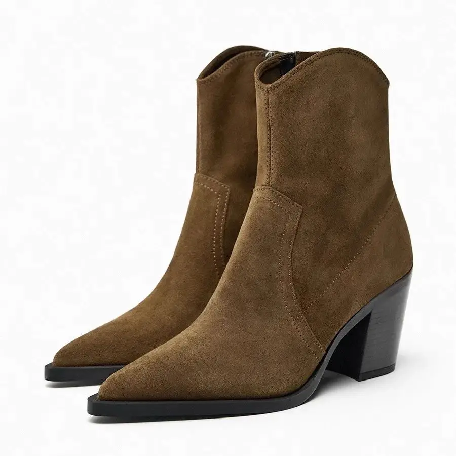 

Brown Ankle Boots Woman Heeled Cowboy Chelsea Ankle Boots Woman Winter 2023 NEW Fashion Elegant Women's Short Leather Snow boot
