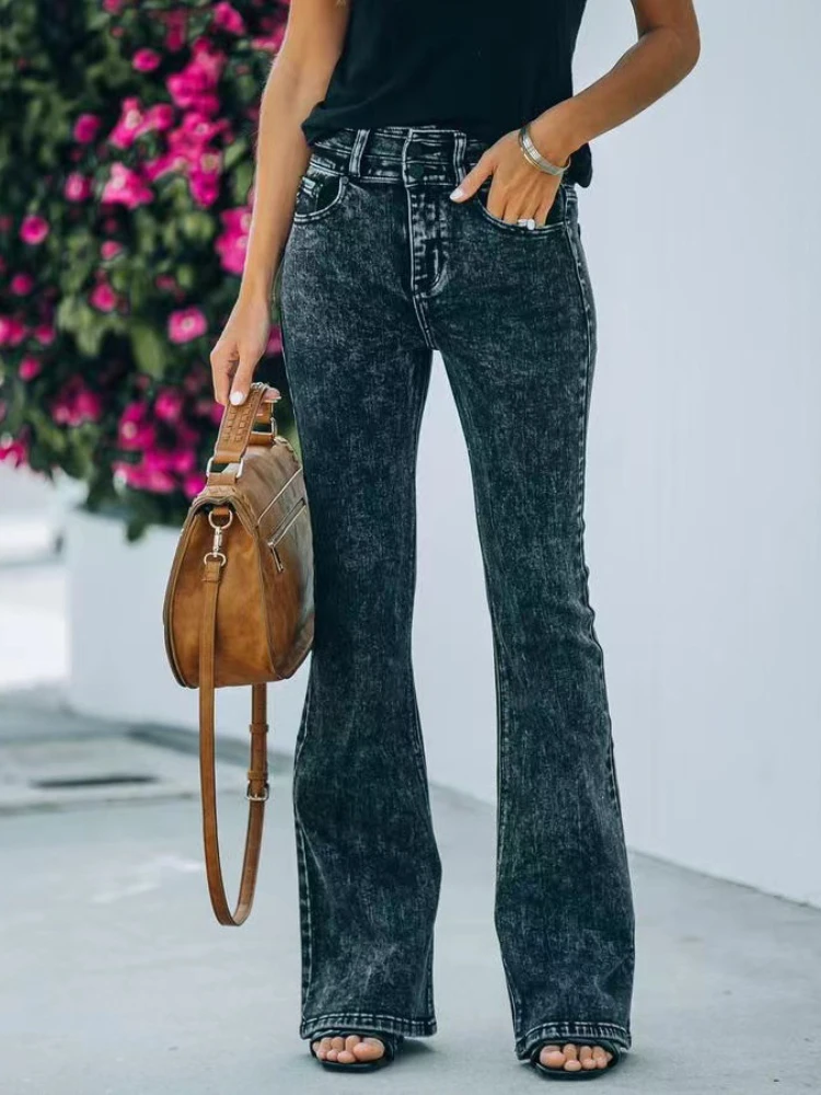 

2022 Spring and Summer New Fashion Slim Temperament Micro-la Black Fried Snowflake Elastic Wash Denim Trousers Women Washed