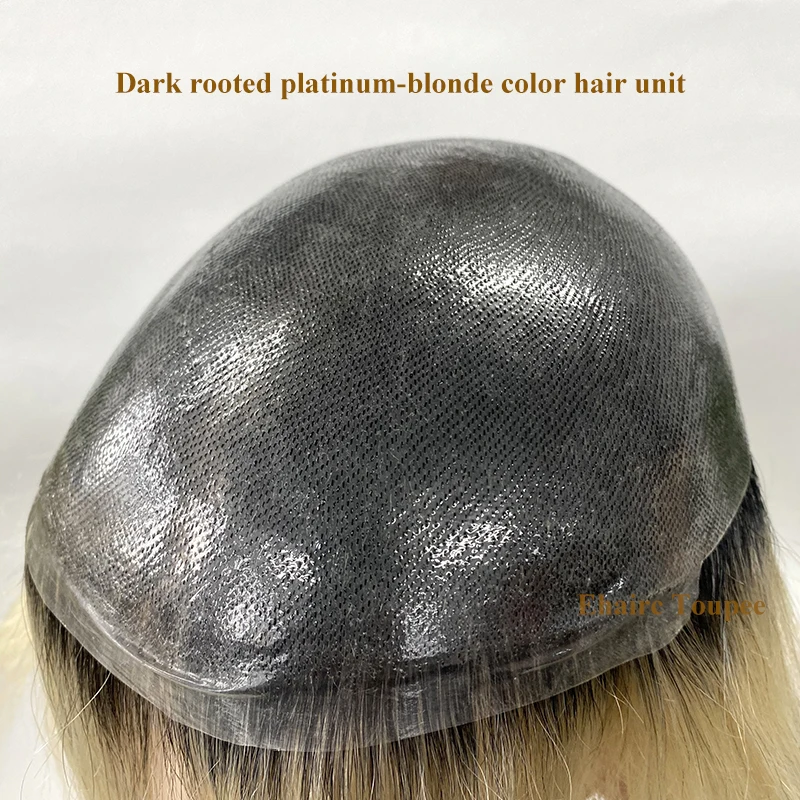 Ombre 0.08MM protesi per capelli maschili doppio annodato durevole Prothesis capillare parrucchino da uomo parrucche per uomo 100% capelli umani