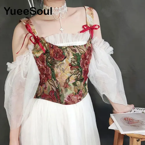 2023 빈티지 여성 코르셋 프린트 민소매 붕대, 할로우 아웃 슬림 크롭탑, 귀여운 패션, Y2K 섹시 여성 뷔스티에 캐미솔 2