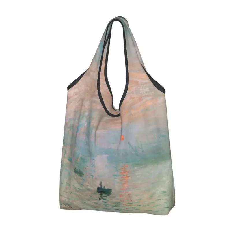 

Claude Monet Painting Impression Sunrise Large Reusable Bags Shopping Washable Famous Art Grocery Bags 50lb Heavy Duty Durable