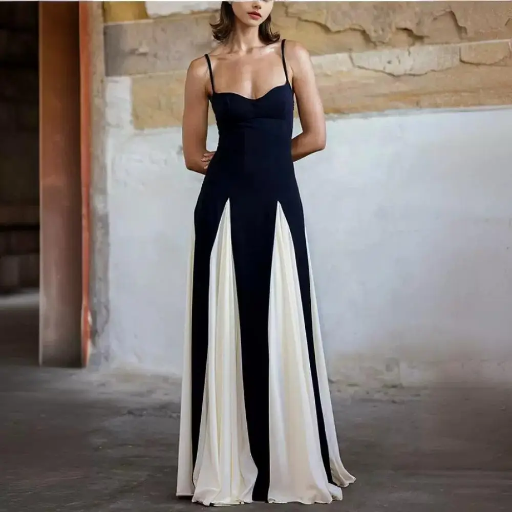 

Women Strap Color Contrast Patchwork Dress Sexy Square Collar Sleeveless High Waist Slim Dresses Female Club Party Vestidos