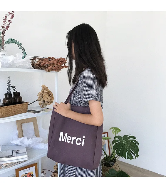 Merci Canvas Shoulder Bags Letter Print Eco Friendly Grocery