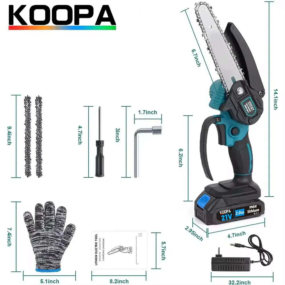 Koopa Tool Cordless Portable 6-Inch Mini Chainsaw, 2.0/4.0Ah Battery Powered 21V Handheld Small Chainsaw 5