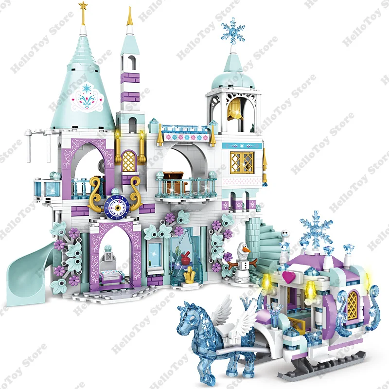 2024 Princess Elsa Anna Lec Castle Series Building Block Carrozza Slitta Wagon Brick Set Classic Movie Model Kids Toy Girls Gift