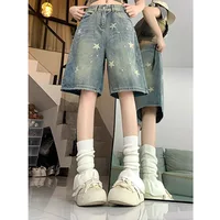 American Style Vintage Women's Short Jeans High Waisted Washed Wide Leg Denim Pants Woman Fashion Do Old Star Knee Length Shorts - Image 6