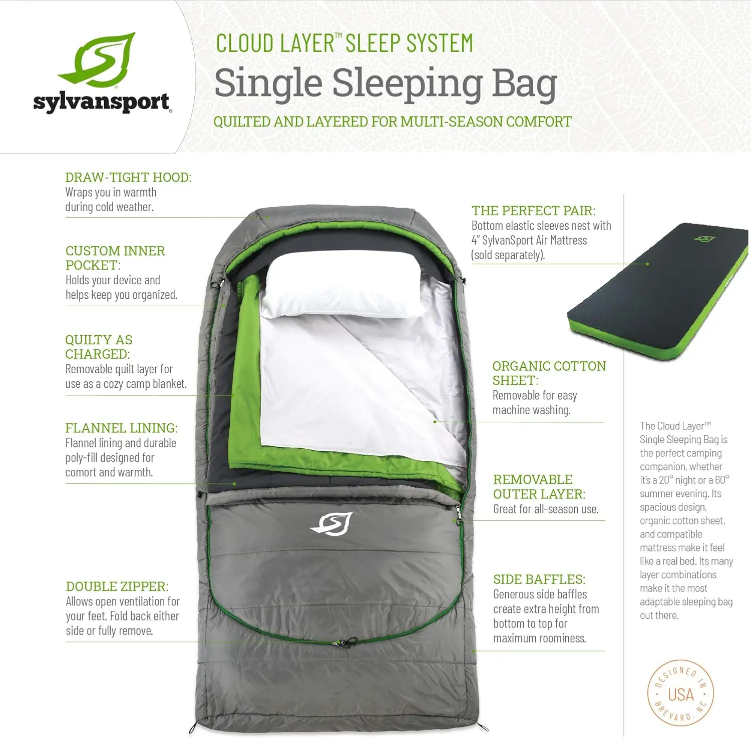 Sleeping Bag for Adults-Adjustable Layers for 3-4 Season use-Integrated Cotton Sheet