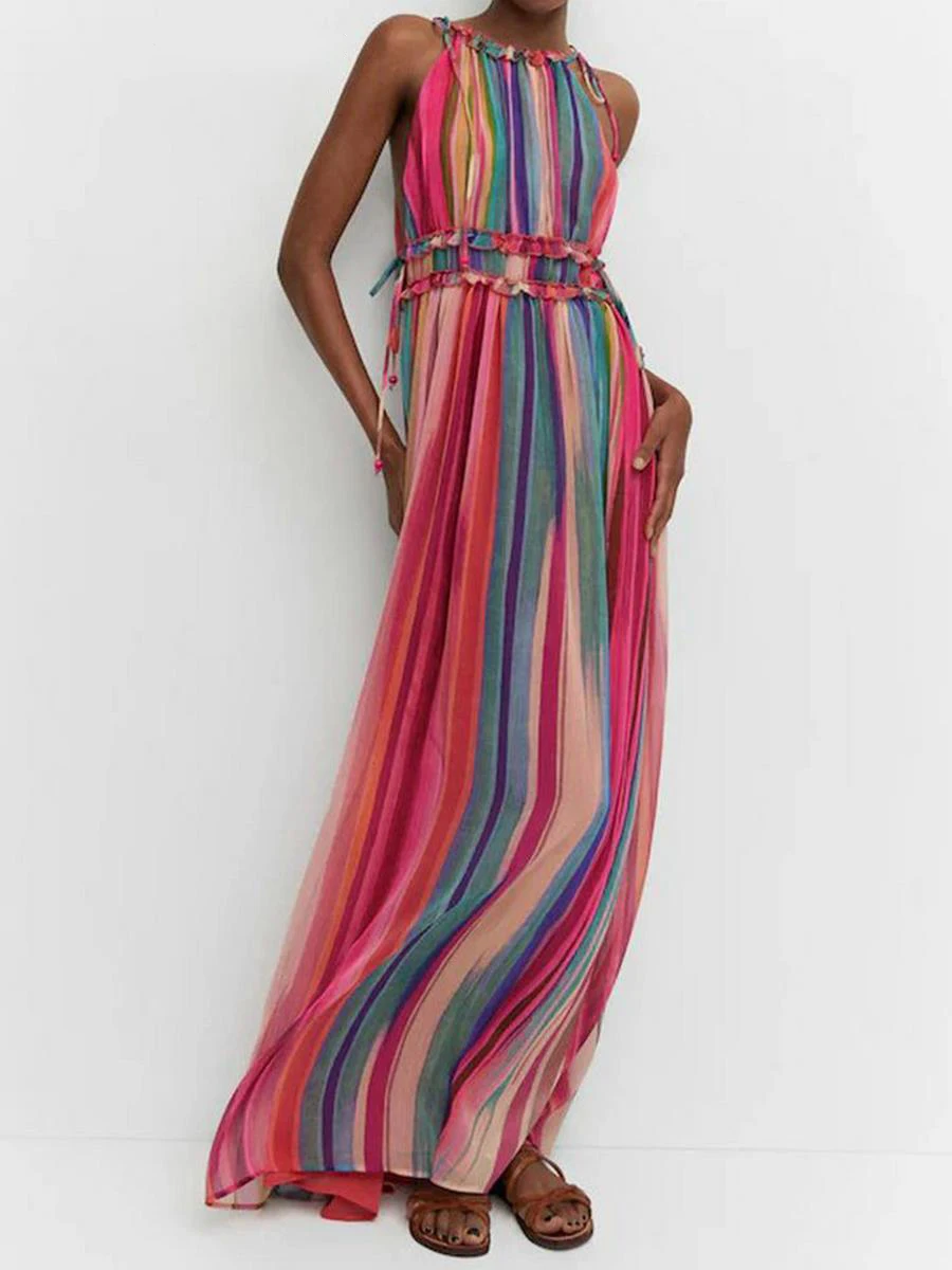 

Colorful Stripes Print Maxi Dress Summer Women Ruffles Halter Sexy Backless Long Vestidos Fashion Vocation Style Dresses 2023