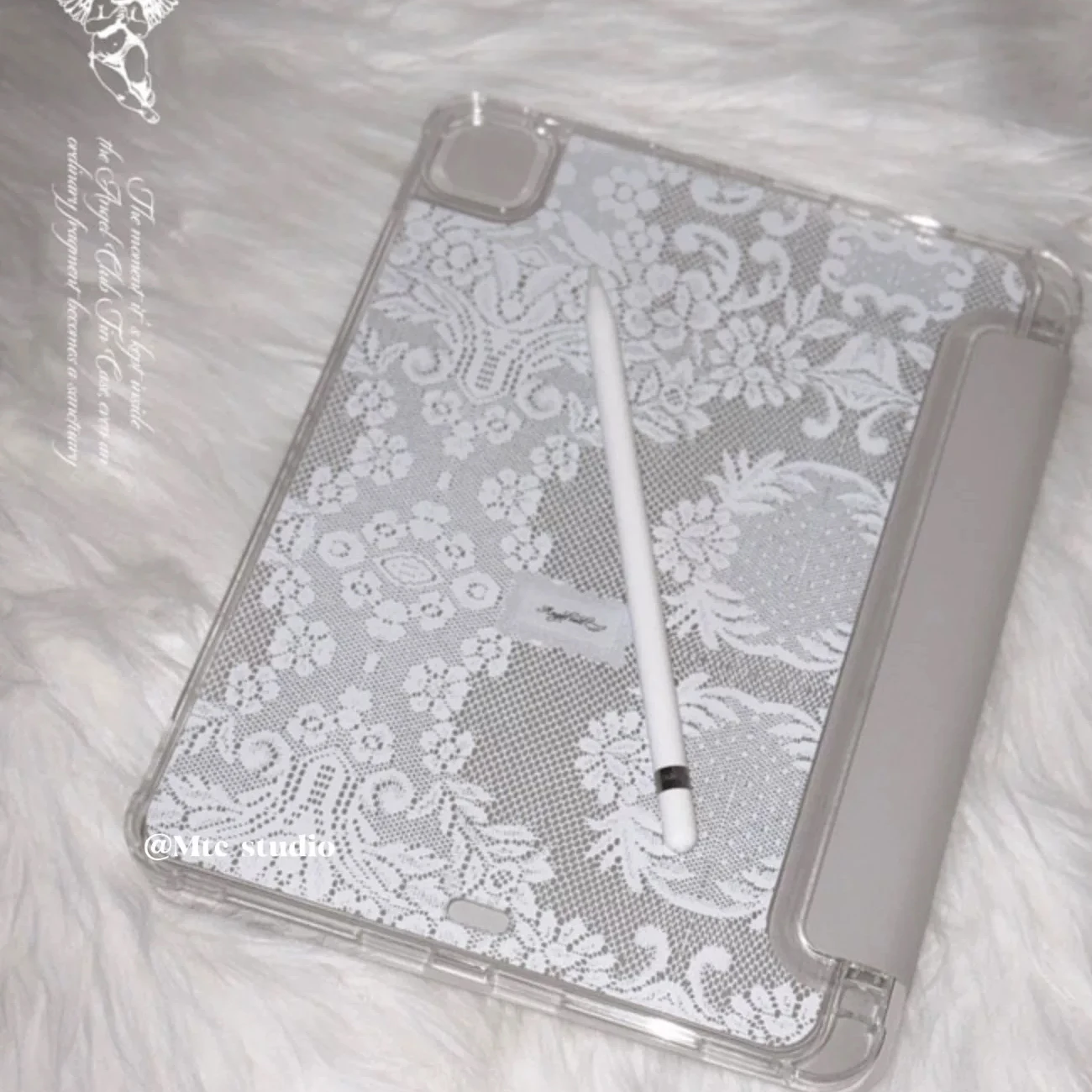 Elegant White Lace Tri-fold Case with Pen Holder