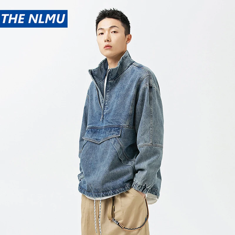 

Vintage Jean Jacket for Men Loose Half Zip Pullover Jacket 2023 Autumn Harajuku Cotton Casual Denim Jacket Coat Outwear Retro