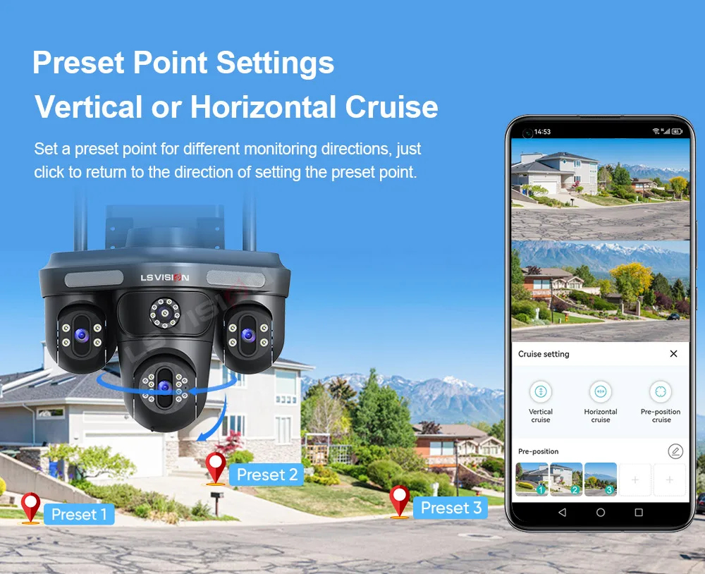15MP WiFi Security Camera Three Screens Outdoor IP Camera Three PTZ 2-Way Audio