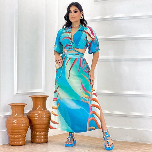 2 Piece Skirt Sets African Dresses For Women New Arrival Summer Print Short Shirt High Waist Slit Skirt Matching Fashion Outfit