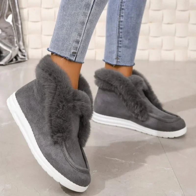 Women Designer Suede Leather Booties Winter New Warm Plush Fur Snow Boots Ladies Slip on Non-slip Platform Shoe Zapatos De Mujer