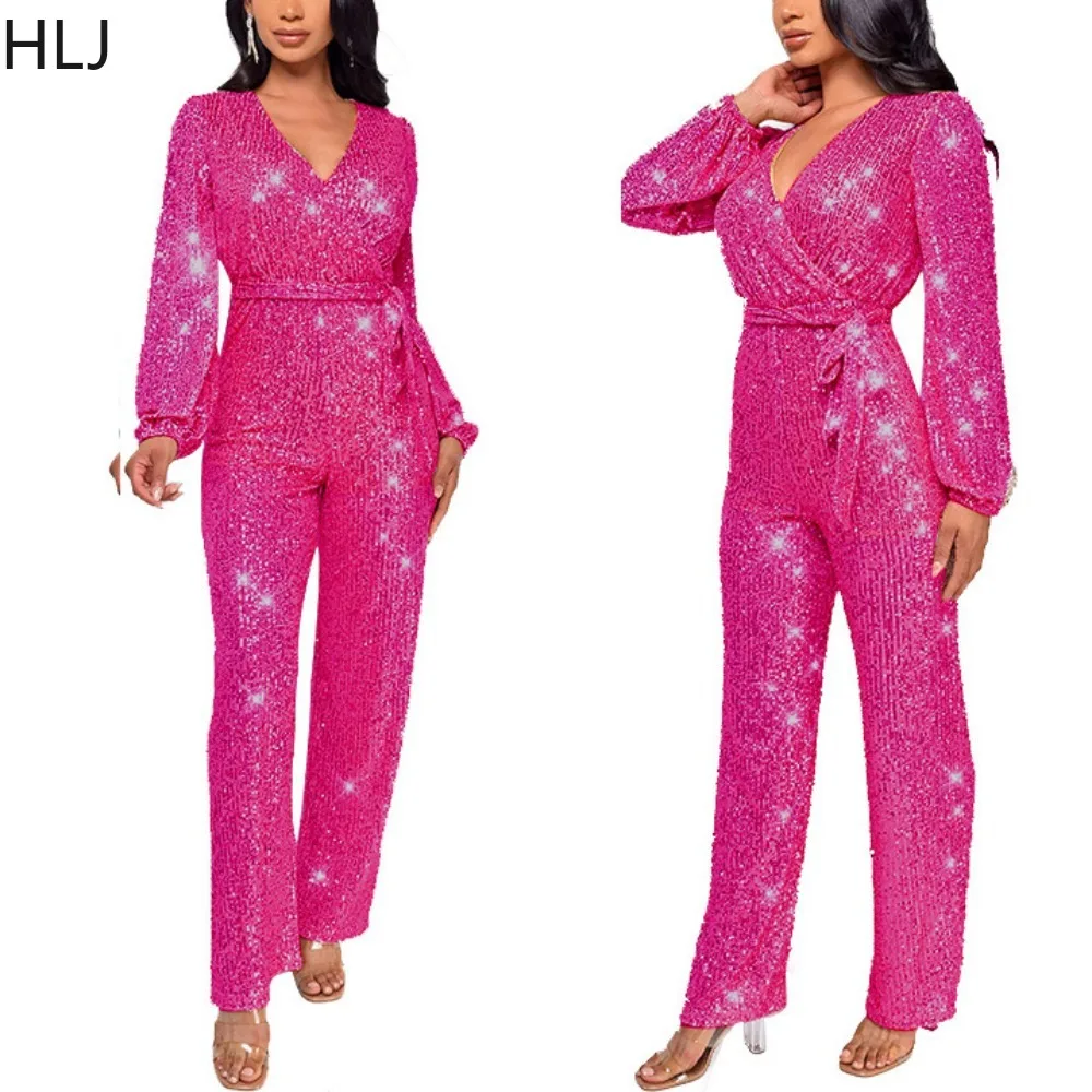 

HLJ Fashion V Neck Sequin Lace Up Straight Jumpsuits Elegant Lady Long Sleeve Bandage Wide Leg Pants Playsuits Female Overalls