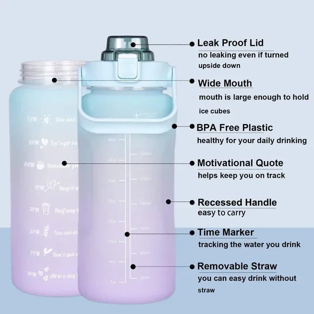 2 Liter Large Capacity Sports Water Bottle Leak Proof Colorful Plastic Cup Drinking Outdoor Travel Portable Gym Fitness Jugs 6