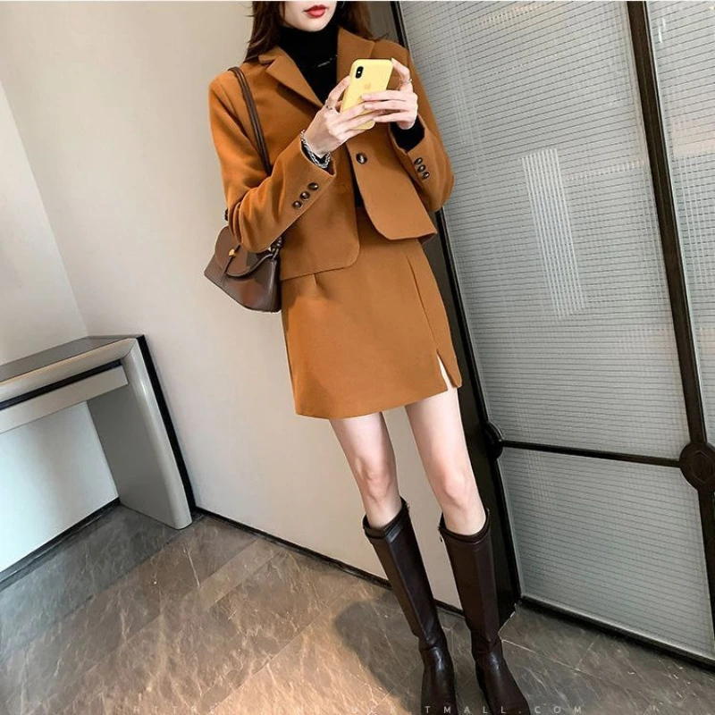 

Women's Autumn/winter Padded British Style Short Blazer Half Skirt Two-piece Set Vintage Casual Cropped Blazers Half Skirt Set