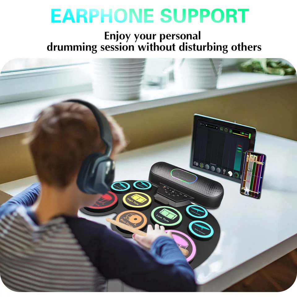 Kit De Batterie électronique Portable - 9 Pads Roulables - Haut-parleur Intégré, Prise Casque - Autonomie 10h