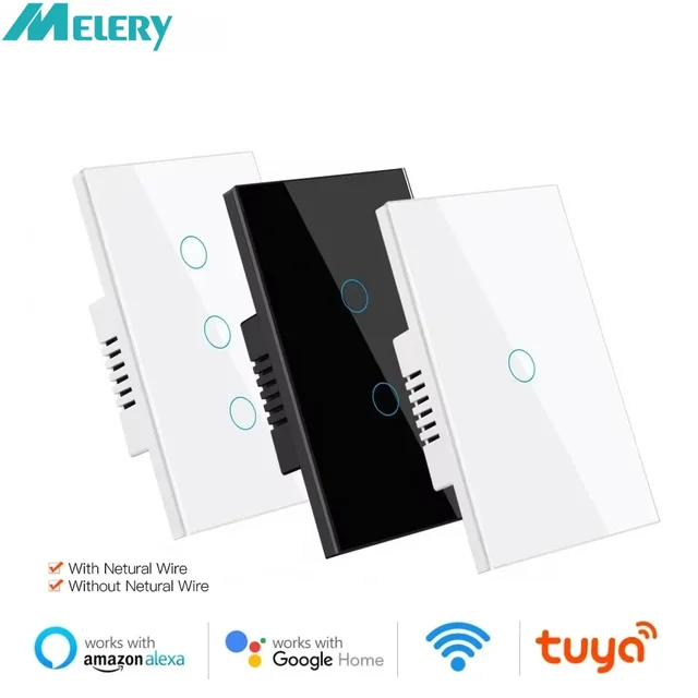 สวิตช์ไฟอัจฉริยะ Melery Smart WiFi Tuya แบบสัมผัส แผงกระจก พร้อม/ไม่พร้อมสายกลาง สำหรับ US รองรับ Alexa และ Google Home 1/2/3/4 ช่อง 1