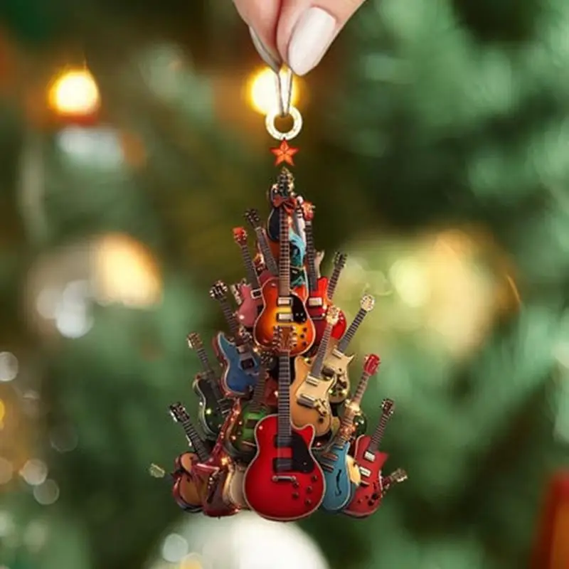 Rock Guitar Christmas Tree Shaped Decor Pendant 2D Flat Acrylic Guitar Xmas Tree Bag Car Pendant For Lovers