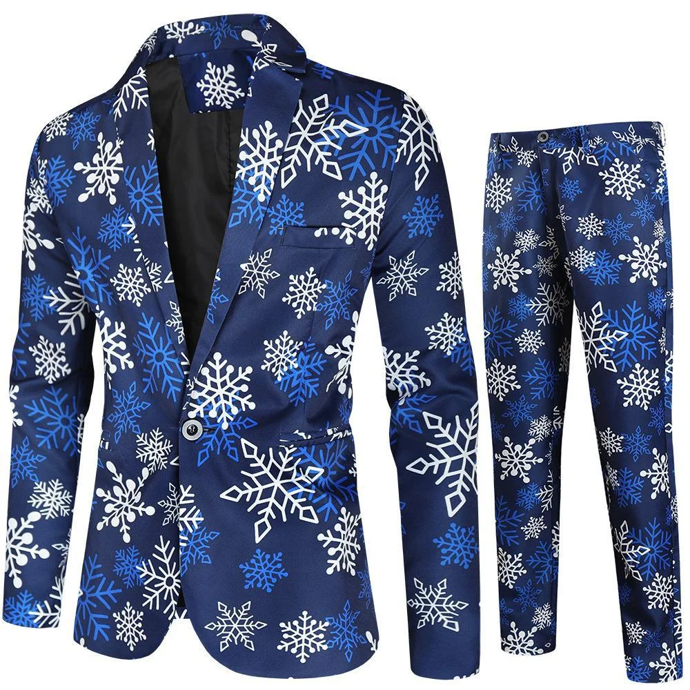 thumbnail image 1 of Gorro navideño de anime para hombre, chaqueta azul y roja, divertido árbol de Navidad, muñeco de nieve, estampado, blazer de un botón, frente abierto, trajes de trabajo de oficina para negocios, 1 of 5