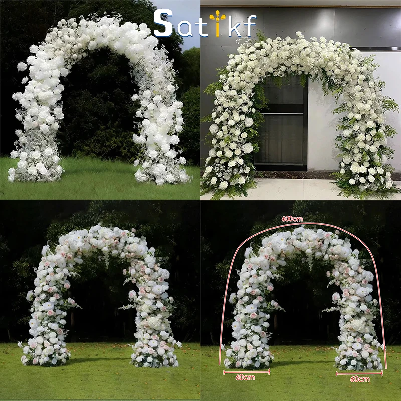 White Pink Luxury Baby breath Rose Flower Arrangement Outdoor Wedding Backdrop Arch Decor Floral Row Runner Event Party Props