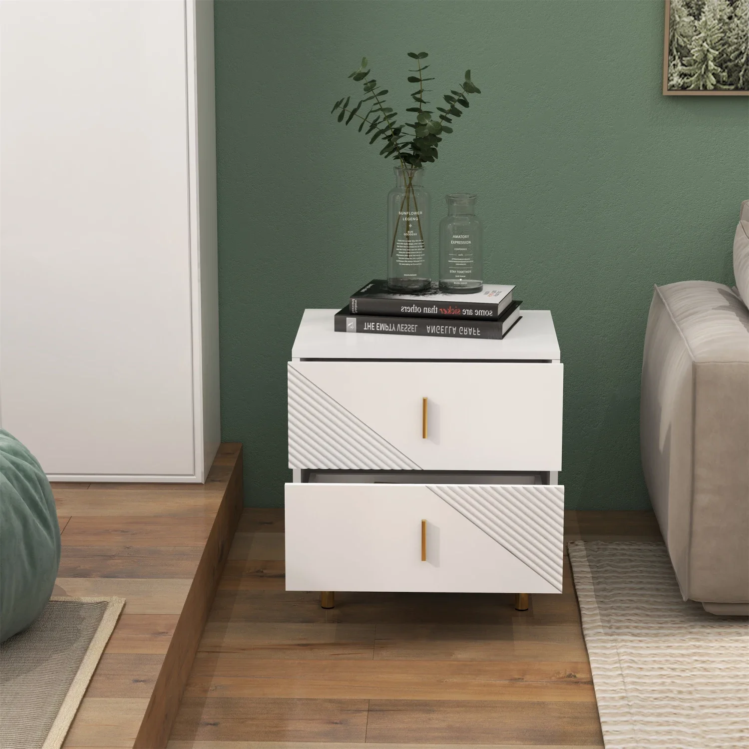 

White Classic 2 Drawer Nightstands with Elegant Design for Bedroom Storage and Decor. High Quality Wooden Bedside Tables with Sp