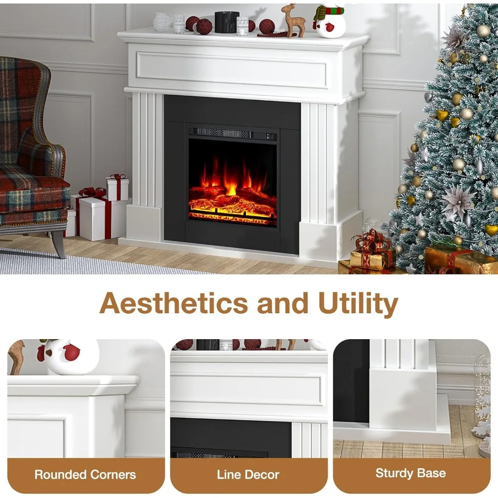 Electric Fireplace with Mantel,Fireplace TV Stand with 18’’ Electric Heater, 3D Realistic Flame,Freestanding ，42''W，White 3