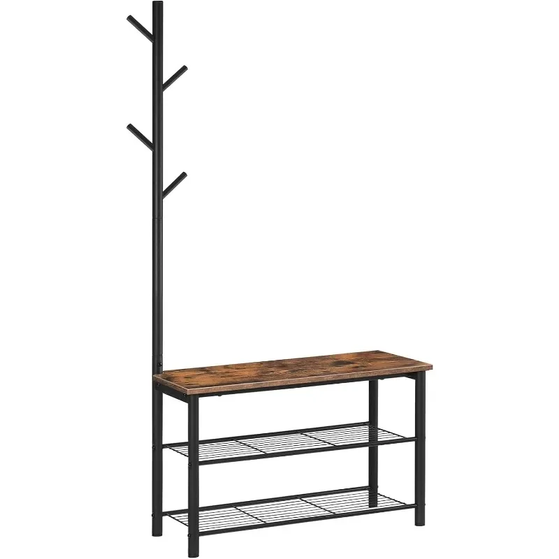 

Coat Rack Shoe Bench, 28.3" Entryway Storage Bench, 3-Tier Shoe Rack and Coat Stand with Metal Mesh Shelves, Mudroom Bench