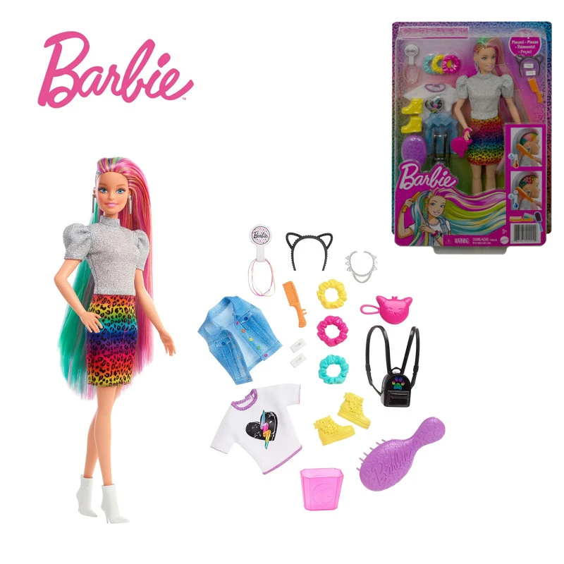 Mismo Satisfacer pelo Barbie Muñeca de pelo arcoíris con diseño de leopardo para niños, muñeco de  pelo rubio con cambio de Color, accesorios de juego de moda, juguete de  vestir, regalo| | - AliExpress