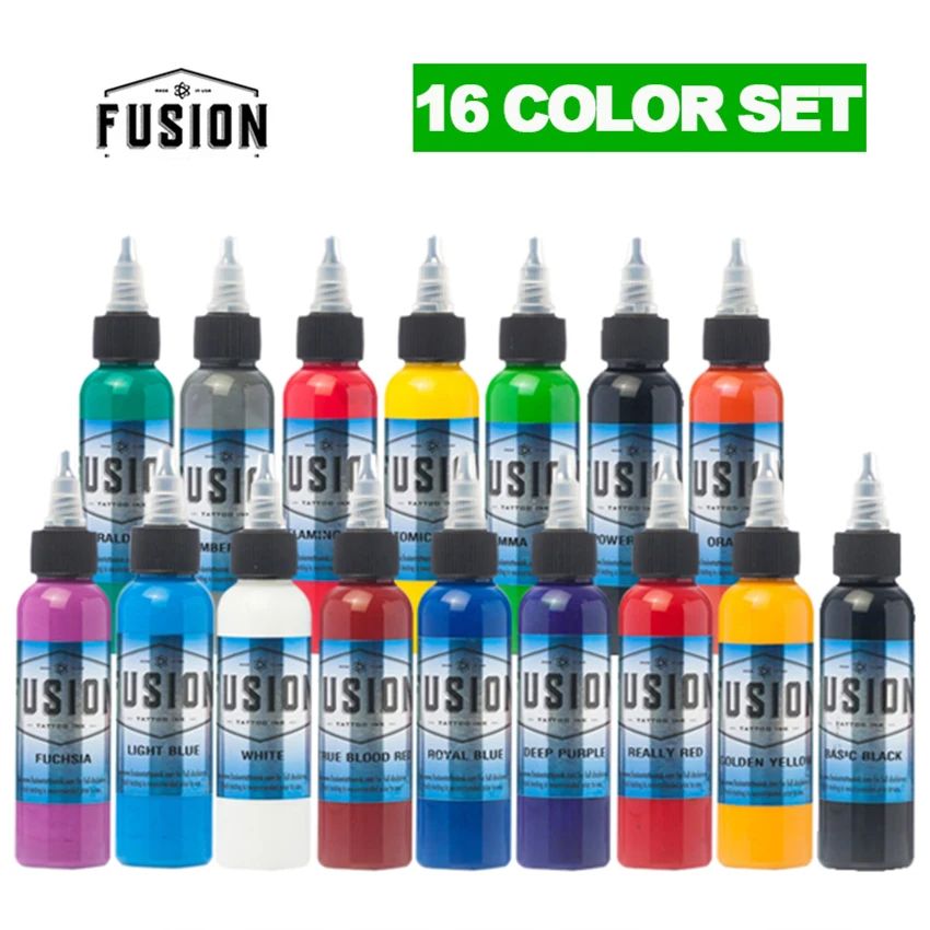Fus/ion 16 Color Tattoo Ink Set Pigment Kit 1 Oz (30ml) Tattoo Supply Kit Pigment All Purpose