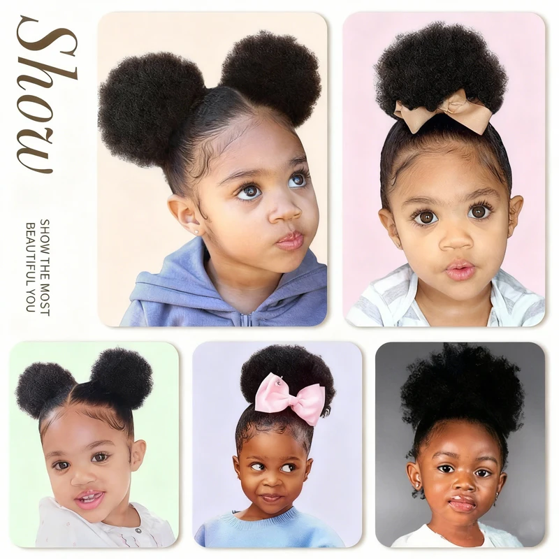 Afro Puffs Hair Bun Extension Wig for Kids Synthetic Kinky Curly Bun Hair Drawstring Ponytail Hairpiece for Kids Girls Daily Use