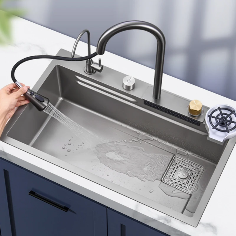 Waterfall Large Size Slot Nano Black/Gray 304 Stainless Steel Kitchen Sink Bowl Wash Basin With Cutting Board Drain Accessorie