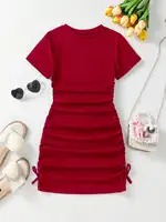 Robe longue décontractée pour filles, printemps-été 2026, à nœud froissé, couleur unie, manches courtes, col rond, idéale pour le quotidien et les voyages 2