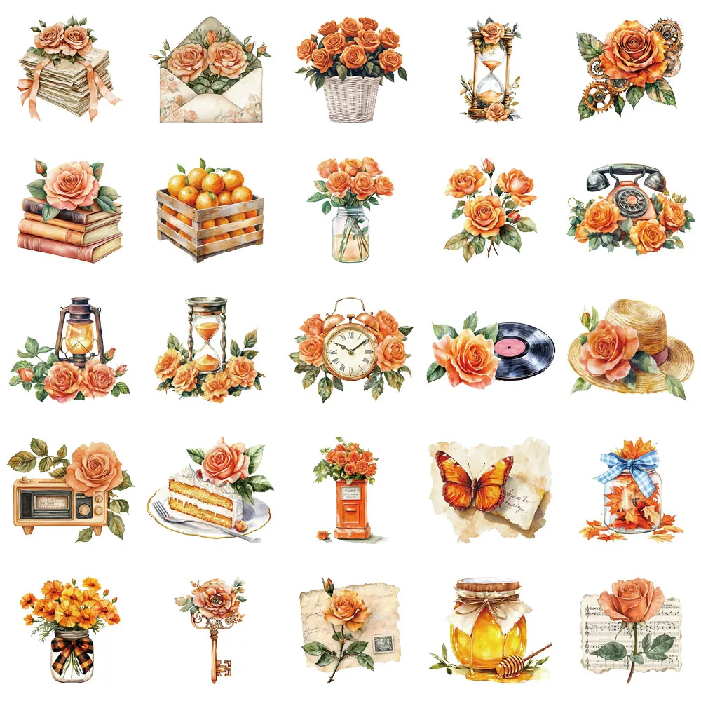 50PCS 오렌지 레트로 장식 낙서 스티커 DIY 수하물 노트북 스케이트 보드 오토바이 애완 동물 방수 스티커