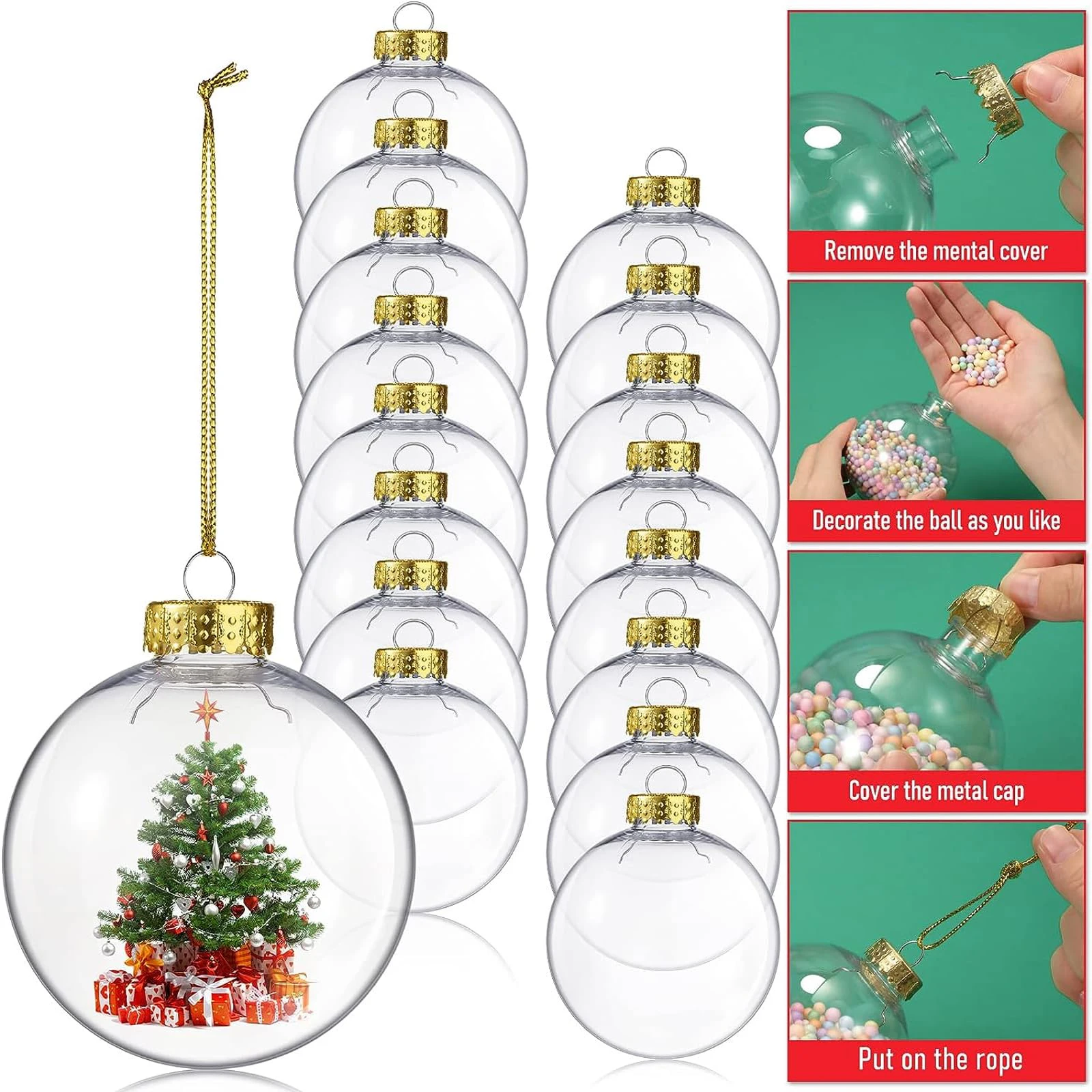 20 Pcs DIY Clear Plastic Fillable Ornament Balls,Ball with Removable Silver Metal Cap, Each Has A Silver Rope, for Christmas Holiday or Wedding