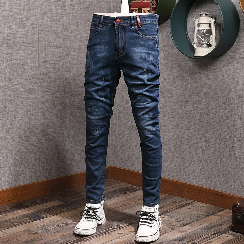 Korean Style Fashion Men Jeans Retro Elastic Slim Fit Frayed Ripped