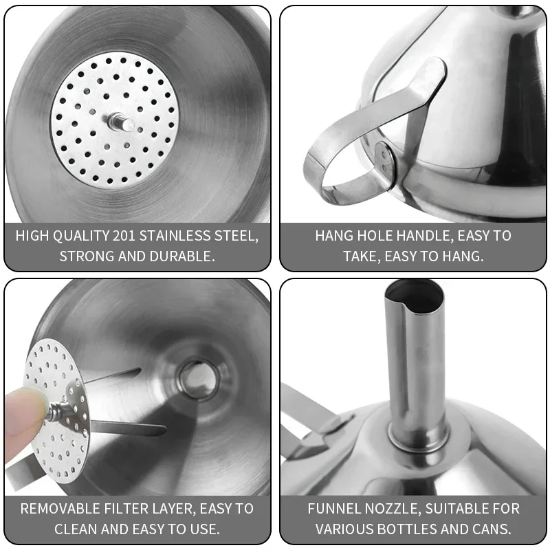 10cm Stainless Steel Funnel Metal Oil Liquid Funnel With Detachable Filter Wide Mouth Funnel Seperatory For Kitchen Canning Tool