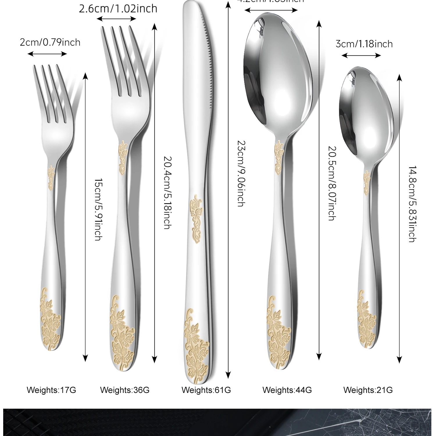 Description Picture 4 of item4/5/6/30pcs stainless steel exquisite gold-plated plant flower pattern knife, fork, spoon wide handle tableware set