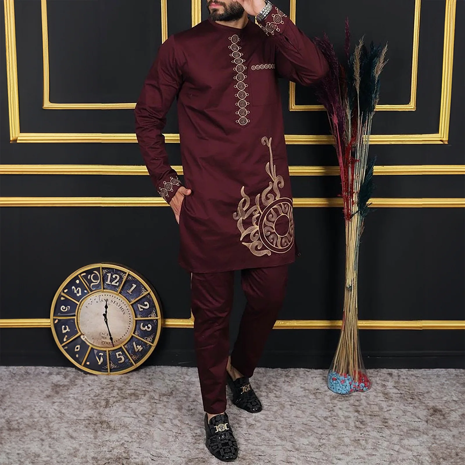 New in Luxury Designer Men African Summer Outfit Men Patchwork Top and Sports Pants 2 Pieces Outfits Festival Wedding Men's Suit 6