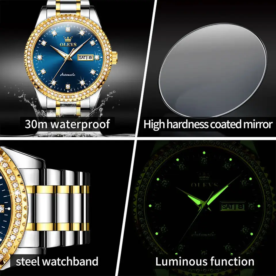 OLEVS Automatic Mechanical Watch for Men Diamond Stainless Steel Calendar Waterproof Luminous Fashion Business Men's Wristwatch