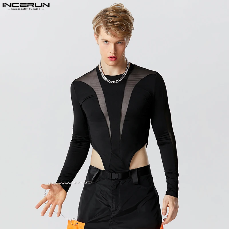 

INCERUN 2023 Sexy Men's Loungewear Thin See-through Mesh Patchwork Jumpsuit Leisure Solid Comfortable Long Sleeved Rompers S-5XL