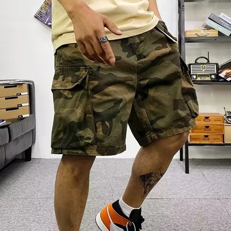 Trendy Brand Camouflage Cargo Shorts Men's Summer American Belt Multi-Flap Pocket Pants Mid-Pants Loose Casual Trousers 6