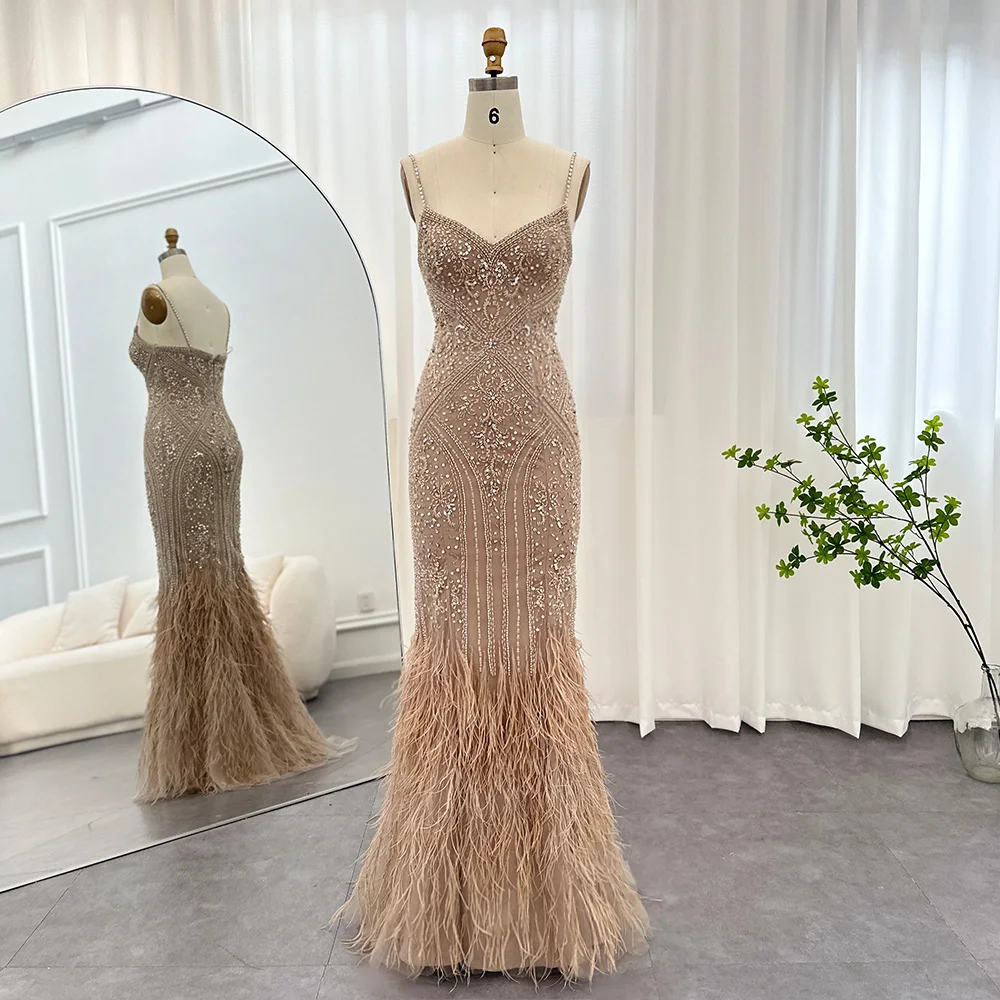 Dubai Mint Luxury Crystal Feathers  Sexy Mermaid Evening Dresses Formal Gowns  For Woman Wedding Party 2025 LA72095