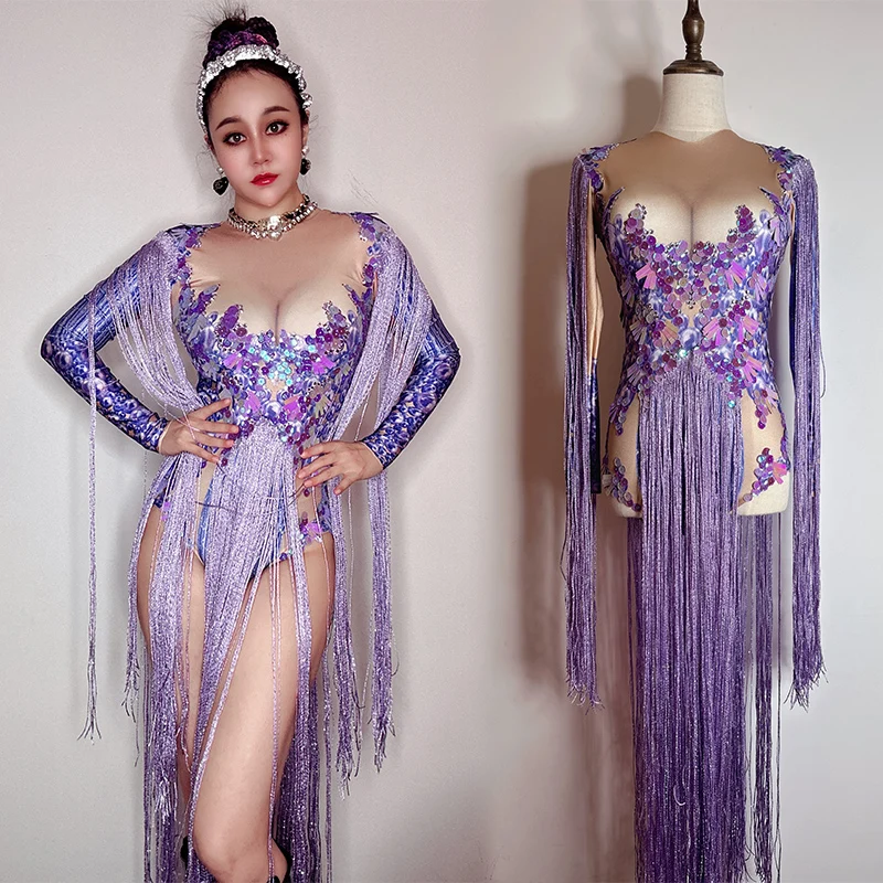 

Purple Sequins Stretch Bodysuit Stage Costume Singer Dancer Tassel Jumpsuit Drag Queen Clothes Party Carniva Rave Outfit VDB6190