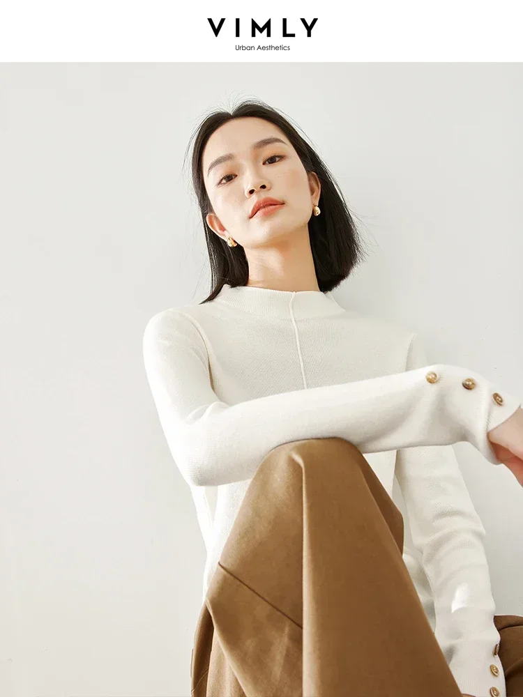 

Vimly Women Knitted Top Pullovers 2023 Autumn and Winter Half Turtleneck Bottom Shirt Women's Long Sleeve T-shirt Clothing 72379