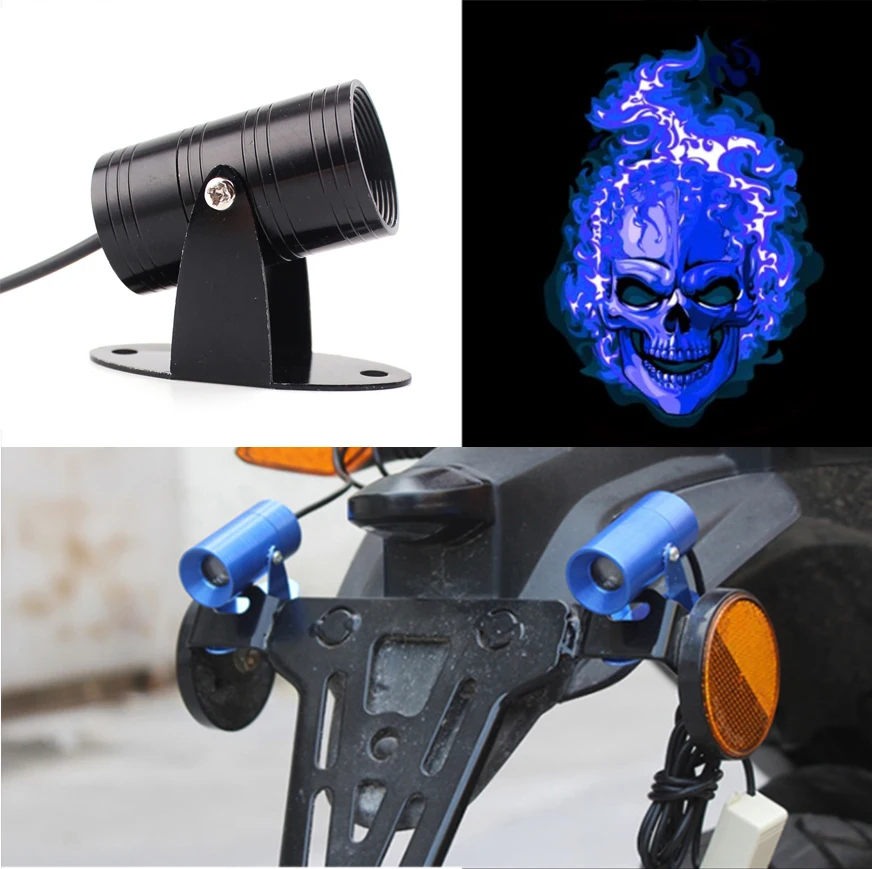 Blue Skull Led Moto Flaming Rider Logo Fanale Posteriore Universale Laser Ghost Shadow Spotlight Proiettore Laser